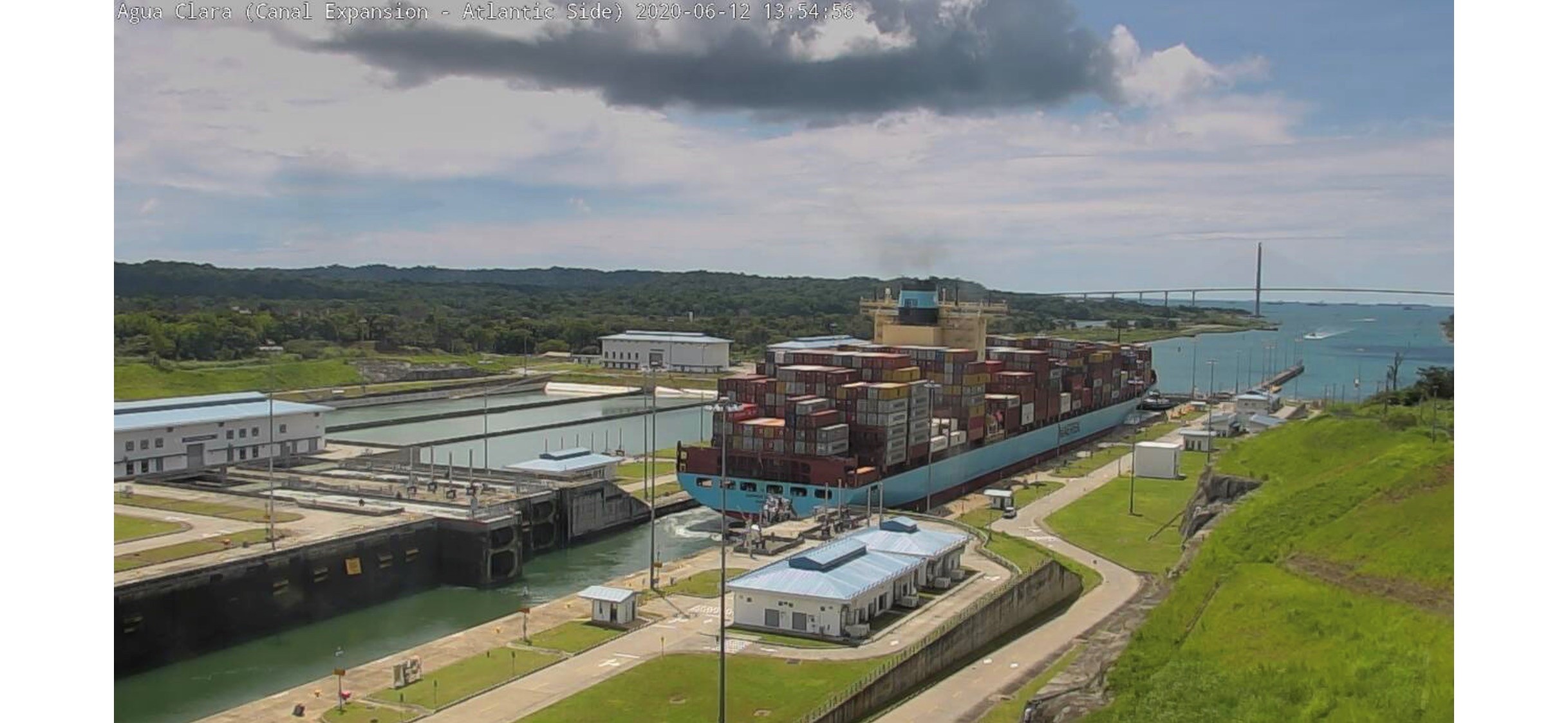 6. Gunvor Maersk on its maiden Panama transit last month at the Agua Clara lock as seen from the Canal Camera..jpg